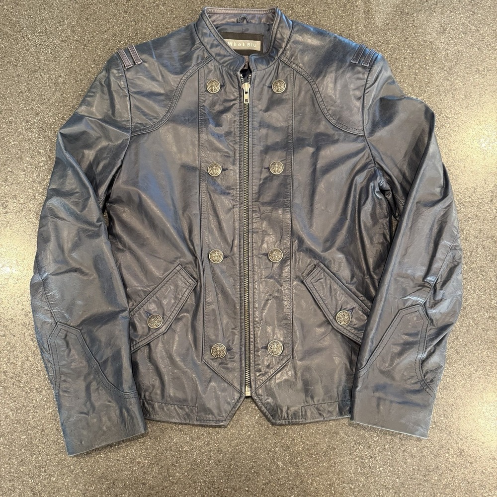 Vintage Whet Blu Navy Leather Jacket Steampunk‎ Biker Military Women's 36R